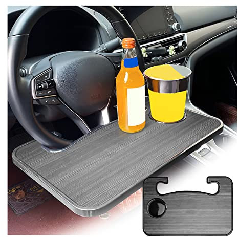 BESULEN Auto Lenkrad Schreibtisch, 2 in 1 Auto Lenkrad Tablett für Lebensmittel Getränke Essen, Laptop, Tablet, Notebook, Universal Doppelseitiger Reisetisch für die meisten Fahrzeuge (Schwarz/Holz)