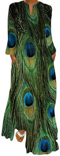 Ocean Plus Damen Frühlings- und Sommerkleid mit Langem Rock V-Ausschnitt Langen Ärmeln mit Taschen und Lockerem Blumendruck (XXL, Pfau)