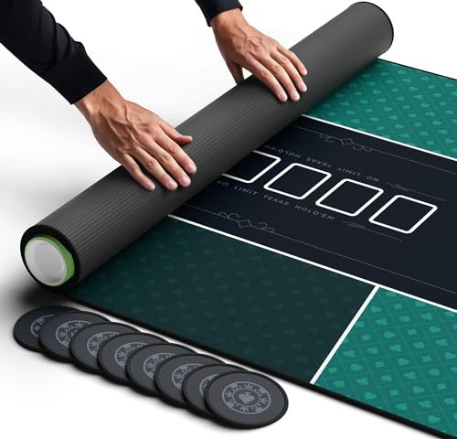 Newverest Tischauflage Texas Hold’em 180 x 90 cm – Casino Poker Matte für bis zu 10 Spieler, Spielabende zu Hause | Poker Matte mit Reißverschlusstasche, 8 Untersetzer & Geschenkbox