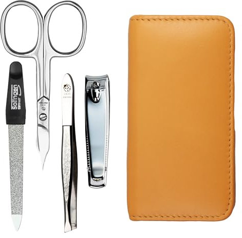 Maniküre Set 4 teilig Reise Etui - Nagelschere, Nagelknipser, Nagelfeile und Pinzette - Etui aus echtem Nappa-Lammleder - Maniküre und Pediküre (Maisgelb)