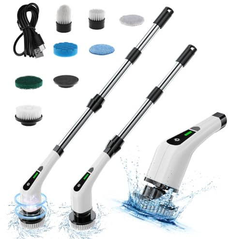 Cepillo De Limpieza EléCtrico Giratorio InaláMbrico con 7 Cabezales De Cepillo Intercambiables,Tiempo De Trabajo 120-180 Min,Mango Ajustable con Pantalla,Adecuado para BañO,Azulejos,Pisos (Blanco)