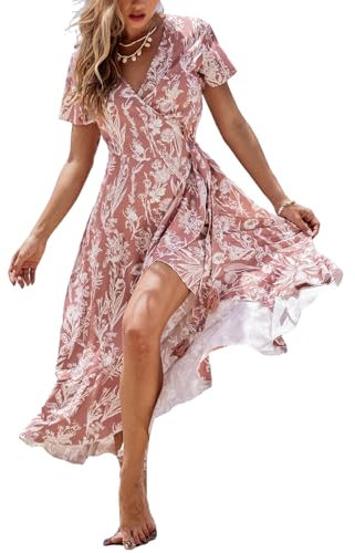 CUPSHE Damen Sommerkleid V Ausschnitt Kurzarm Wickelschlitz High Low Strandkleid Lange Freizeitkleider Beach Maxi Dress Dusty Rose M