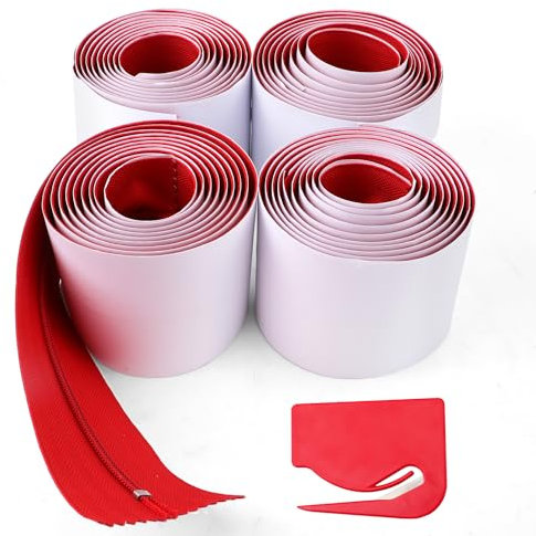 4pcs Heavy Duty Dust Barrier Zipper, 7ft x 3in Self-Adhesive Tarp Double Zipper Instant Door Dust Protection with Plastic Sheeting Cutter Construction Plastic Zip Wall Accessories (Red)