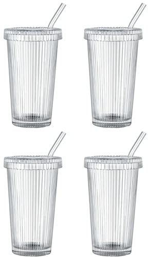 BenRain Glass Cups with Lids and Straws, 12 oz Iced Coffee Cup for Coffee Bar Accessories, Ribbed Glasses Drinking Set of 4, Irish Coffee Glasses for Home Decor, Birthday Gifts for Women (4, Clear)