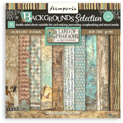 Stamperia - Scrapbook Paper Pad for Scrapbooking, Albums, Card Making, Bullet Journals, and More, Acid Free, Double-Sided, Perfect for Crafts and Gifting (Land of Pharaohs Background) (20.3 x 20.3cm)