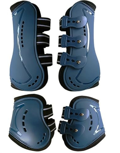 Merauno® Gamaschen & Streichkappen, 4er Set Gamaschen Pferdesehne Bandage mit Robust Elastisch, PU Shell, Neopren atmungsaktiven Löchern für Springen, Reiten, Events (S, Marineblau)