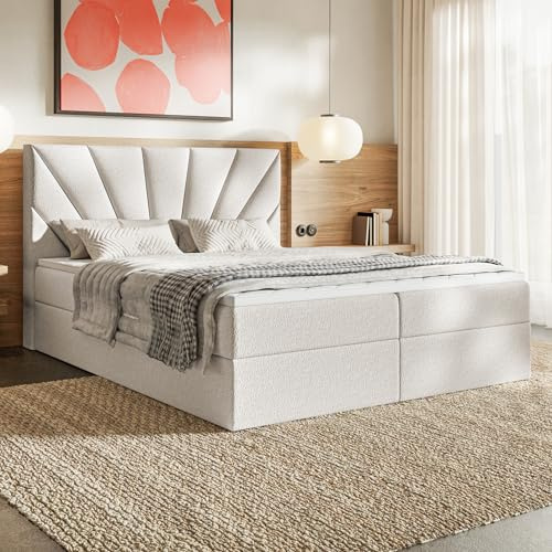 MOTIVENA Aspen Lit Boxspring 160x200 Complet avec Matelas (Ressorts Ensachés H3) et Surmatelas (Mémoire de Forme H2), avec Rangement, Bouclé, avec Tête de Lit Coffre 160x200 Blanc Lait