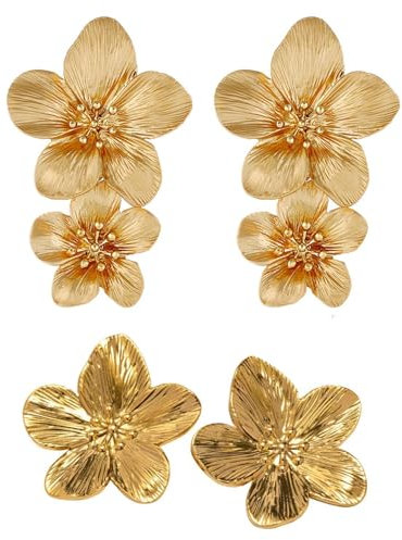 2 paires de boucles d'oreilles pétales, boucles d'oreilles fleurs, boucles d'oreilles goutte or, boucles d'oreilles florales pompon, boucles d'oreilles fleur bohème