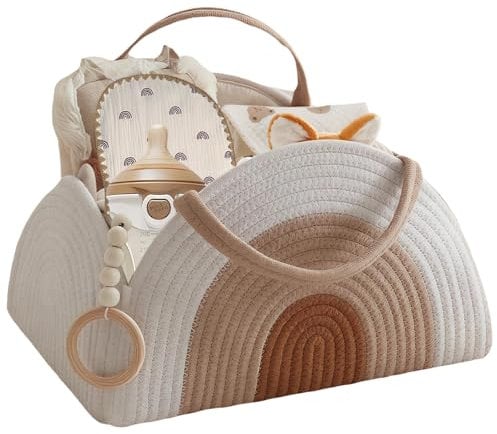 LELEWANGLUO Nappy Caddy, Cotton Woven Rope Diaper Caddy,Portable Baby Nappy Organiser Storage Basket, Sturdy Changing Cadd-y with Handles, Baby Essentials for Newborn (White Brown)