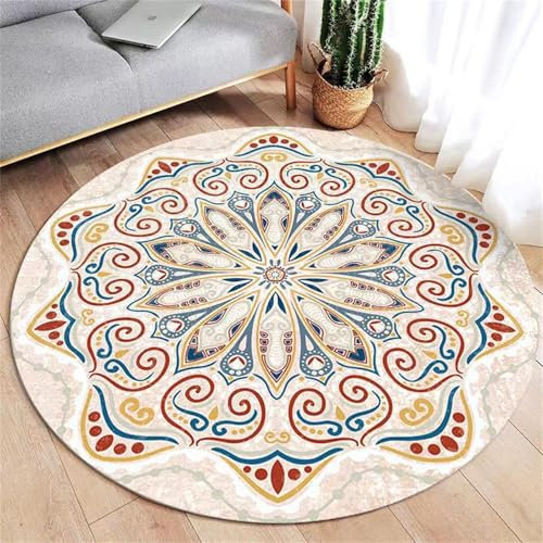 Hearda Einfaches Mandala Teppich Rund Reppich Schlafzimmer, Pflegeleicht Innenbereich Runder Teppich, Waschbarer rutschfest fürs Wohnzimmer, Büro Dekorieren (Beige,80cm)