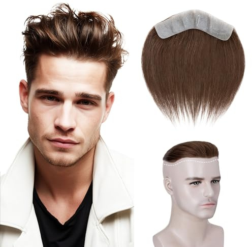 6 inch SEGO Men's Toupee V-Shape Hairline Real Human Hair Extension Forehead Hairpiece Fringe Bang Replacement System Invisible (4 * 18cm,#4 Medium Brown)