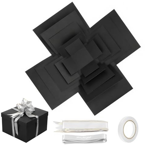 5 Lagige Kreative Explosionsbox, DIY Handgemachte Überraschung Box mit Klebeband und Band, Kreative Explosions Geschenkbox, Wiederverwendbare, für Weihnachten, Geburtstag, Hochzeitstag(Schwarz)