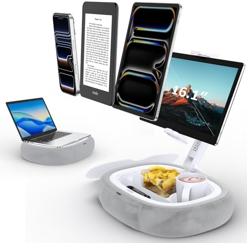 TRYONE Tablet Pillow Holder & Laptop Stand : Lap Adjustable iPad Holder with Snack Bowl,Soft Plush Pillow & 360° Rotating Detachable Support Arm for 4.7-16.1 Kindle Phone Tablet Laptop