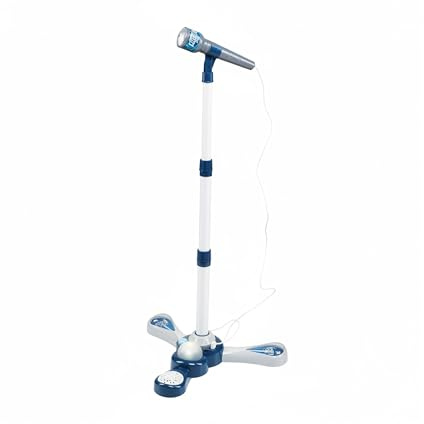 Baroni Toys Microfono con Asta per Bambini 3+ Anni con Luci, Microfono Giocattolo Musicale con Effetti Sonori e Luminosi per Piccoli Cantanti, Attacco MP3, Asta Altezza Regolabile Blu, 34x34x80cm