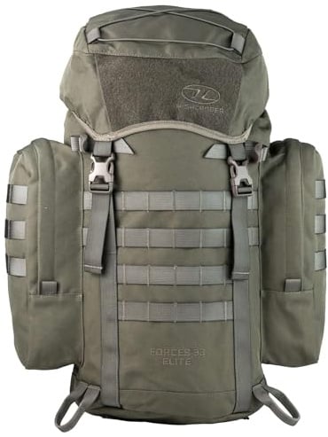 Highlander Forces Elite 33L ryggsäck – kraftig militär, taktisk, vandring, vandring, kadett, utomhusryggsäck – med MOLLE, midjerem, lockficka, vadderad rygg, vätskeblåsa kompatibel, Ranger grön, S