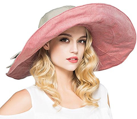 WSLCN Femme Double-face Capeline Bord Large étanche Anti-UV Chapeau de Plage Avec Nœud Pilable Respirant Pour Voyager Randonnée En Coton Rose