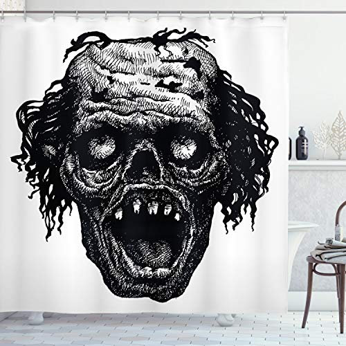 ABAKUHAUS Halloween Rideau de Douche, Zombie Evil Dead Man, Tissu Ensemble de Décor de Salle de Bain avec Crochets, 175 cm x 200 cm, Noir Gris foncé