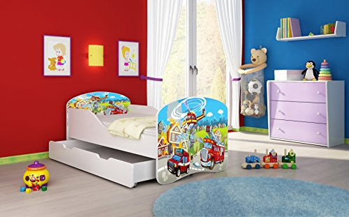 ACMA I Lit Enfant Bébé TIROIR Matelas sommier Gratuite Meubles pour Enfants (36 Sapeurs Pompiers, 160 x 80 cm + tiroir)