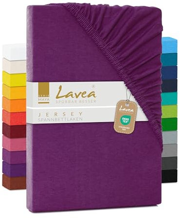 Lavea Spannbettlaken 200x220cm - aus atmungsaktiver Baumwolle - Passgenau für Boxspringmatratzen bis 40cm - Fliederlila Bettlaken mit Gummizug - Jersey Spannbetttuch 200x220cm