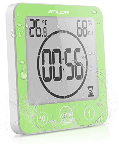 Sunsbell Reloj de baño digital, resistente al agua, para ducha, baño, con temperatura, humedad, pantalla LCD, control táctil inteligente, reloj de pared, temporizador, cocina (verde)