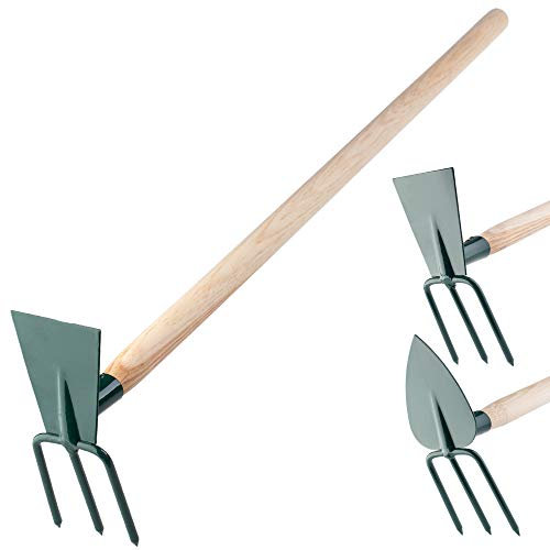 KADAX Hacke, Gartenhacke, Doppelhacke für Garten, zum lüften lockern und jäten des Bodens, Gartenzubehör aus Metall, Unkrauthacke zum entfernen von Unkraut (klein, 3 Zinken - Rechteck, mit Holzstiel)