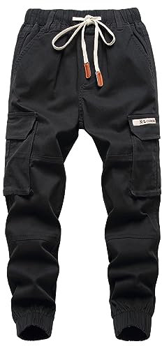YOUNGSOUL Jungen Cargohose Kinder Stretch Cargo Hose Jogginghose Freizeithose mit Gummizug Schwarz DE: 128-134 (Herstellergröße 130)