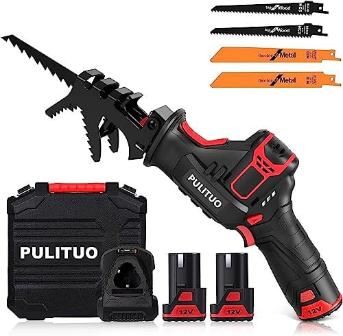 PULITUO Reciprocating Saw - Cordless with Clamping Jaw, 2x2000mAh Batteries, 0-3000RPM Variable Speed, 1 Hour Fast Charger, 4 Saw Blades for Wood & Metal