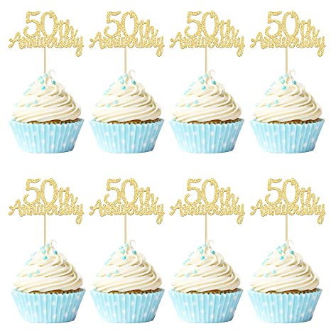 Gyufise 24 Pack 50th Anniversary Cupcake Toppers Picks Gold Glitter Happy 50th Anniversary Cake Decorations for 50th Wedding Retirement Anniversary Party Cake Decorations