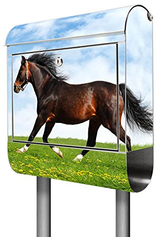 banjado® Briefkasten mit Standfuß Motiv Pferd - Stand Briefkasten Edelstahl mit Zeitungsfach - Postbox/Postkasten A4 Einwurf inkl. Montagematerial & 2 Schlüssel