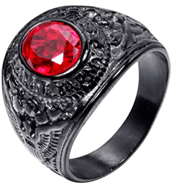 OAKKY Herren Edelstahl Weinlese Amerikanische Soldaten Eagle Set mit Edelstein Ring Rot Schwarz Überzogen Größe 62 (19.7)