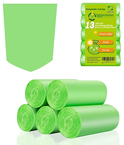 Inwaysin Trash Bags 13 Gallon Tall Kitchen Garbage Bags, Recycle Bags, Biodegradable Trash Bags, 75 Bags, Green