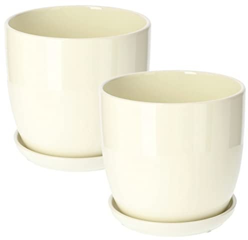 KOTARBAU® Lot de 2 pots de fleurs, en céramique, pour fleurs, plantes, diamètre : 20 cm, avec bac d'égouttement, beige