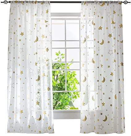 ESLIR Gardinen mit Tunnelzug Transparente Vorhänge Voile Fensterschal Modern Mond und Sterne Muster Wohnzimmer Kinderzimmer 1 Stück BxH 140x175cm Gold