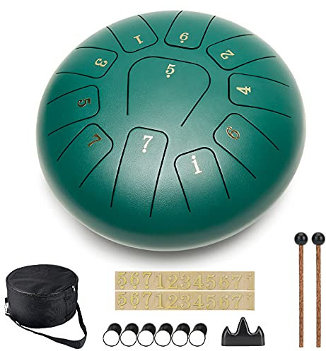 Tambour Handpan Steel Tongue Drums à 11 Tons Instrument à Percussion en Acier de 10 Pouces Tambour à Main avec Sac, idéal pour la Méditation,Yoga,Performances,Education (Vert)