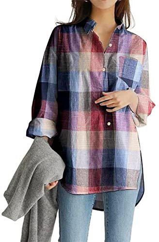 Damen Langarm Top V-Ausschnitt Top Langarm Tunika Plaid Print Top Tunika Schwarz