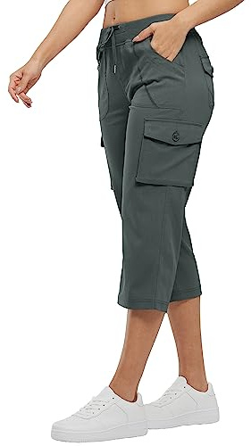 Rdruko Summer Womens Cargo Capri Pants with 6 Pockets | Ladies Drawstring Elastic Waist Knee Length Shorts Casual Outdoor Hiking Walking Travel Golf Work Cropped Trousers