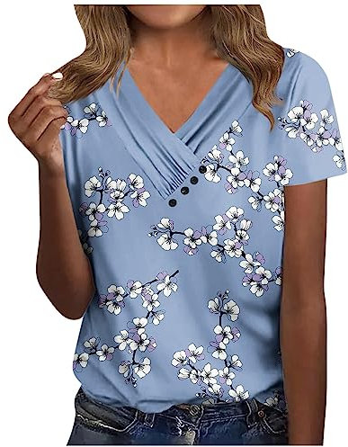 Azruma Langarmshirts FüR Damen Bluse Damen Weiß Partner Tshirt Blumendruck V-Ausschnitt Kurzarm T Shirt Mit Tasten Elegant Plissee Button Down Tunika Oberteile Wanderbluse Damen (2-Blue, XL)