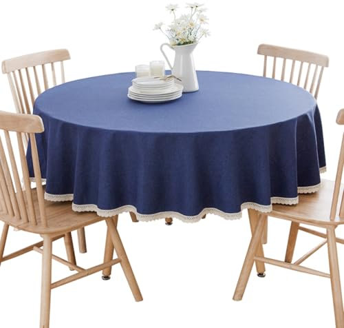 BHOMTY Runde Tischdecke aus Baumwollleinen, geeignet für Esstische, Kaffeetische, maschinenwaschbar, Dunkelblau, Durchmesser 160 cm