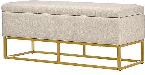 HOMCOM Baúl de Almacenaje para Dormitorio Puff de Almacenaje Tapizado de Lino Sintético con Tapa Abatible y Patas de Acero para Salón 110x44x48 cm Beige