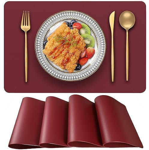 Blibalaskr Tischsets Abwaschbar,Platzsets 4er Set,wasserdichte und abwischbare,hitzebeständige doppelseitige PVC-Platzdeckchen,geeignet für Küche,Esstisch,Esszimmer 45cm×30cm(Weinrot)