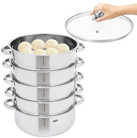 SABUIDDS Vaporera de 28 cm, cinco niveles, acero inoxidable, con tapa de cristal, olla de inducción para todo tipo de cocinas, olla de cuscús, olla para cocinar al vapor, olla de inducción