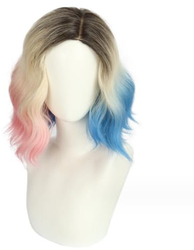 Cosplay Enid Sinclair wig short curly blue mixed pink gold anime women's wig (A2)
