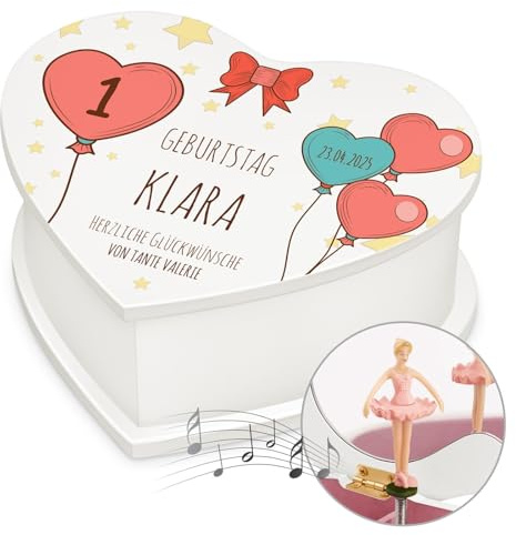 Maverton Herz Schmuckkästchen mit Aufdruck - Schmuckschatulle mit Spieluhr Ballerina - Musikschmuckdose in Herzform für Mädchen - Jewelkeeper zur Taufe zur Erstkommunion - zum Geburtstag - Luftballons
