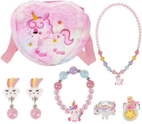 OSDUE Sac Licorne Jouet Bijoux Enfants Fille, Bijoux Enfants Petites Filles Sacs à Main en Peluche Collier Bracelet Boucles d'oreilles Bagues kit Bijoux, Cadeau Fille 2 3 4 5 6 9 Ans-Forme d'amour