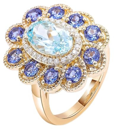 Wycian Ringe Frauen Aesthetic, Verlobungsring Aquamarin 18K Gelbgold Blume Größe 56 (17.8) 1 Aquamarin 1Ct Ovalschliff Hellblau Mit Moissanit Dunkelblau