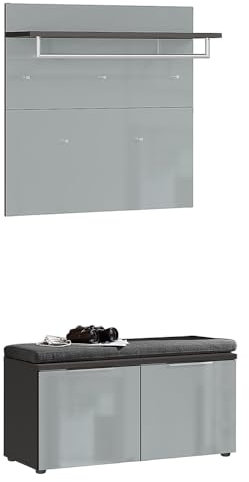 Lomadox Garderoben Set mit Glasfronten Schuhbank inkl. Sitzkissen und Wandgarderobe mit Hutablage Graphit grau