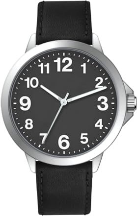 NUOVO Herrenuhr Schwarzes Lederarmband Silbergehäuse, schwarzes Zifferblatt, einfach zu lesen Analoge Quarzuhr Arabische Ziffern Klassisch wasserdicht