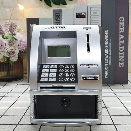 Lvpradior ATM Savings Bank Digital Money Bank Machine,Electronic ATM Money Safe for Kids with Debit Card,Password Login,Coin Recognition, Voice Prompt,Balance Calculator (Silver)