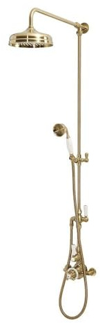 MILANO Rigid Riser Thermostatic Mixer Valve Round Shower Head Handset Brass | Brass Construction. Lever & Crosshead Handles. Thermostatic Operation. Traditional Style. Suitable For All Plumbing Systems.