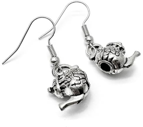 Teapot Charm Earrings, Tibetan Silver 3D Tea Pot Charm Beads on Nickel Free Hooks : 33mm long, Gift for British Tea Lover, Fun Fancy Dress Drop Earrings for Women